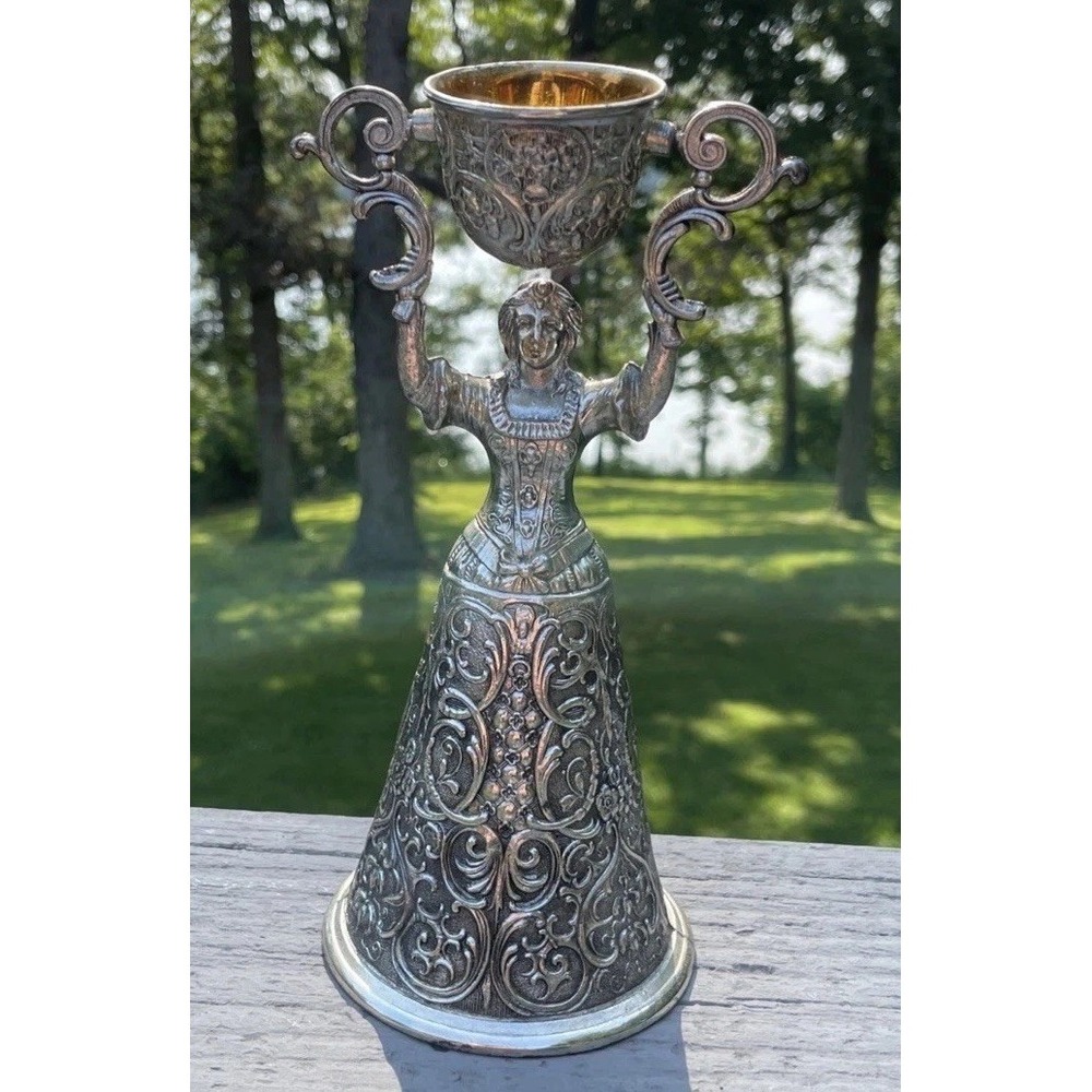 Vintage Antique Figural Wedding Cup Silver Plate Victorian Lady Gilt Gold Goblet